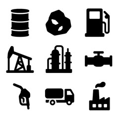 Fossil Fuel Icons. Solid, filled icon set of fossil fuel industry: oil barrel, coal lump, gas pump, drilling rig, refinery,