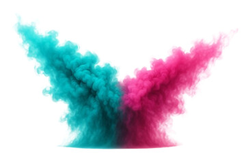 Turquoise and pink smoke clouds colliding and swirling against a white background