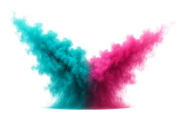 Turquoise and pink smoke clouds colliding and swirling against a white background