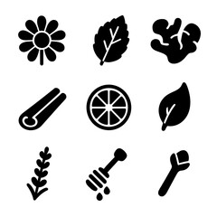 Herbal Tea Icons. Solid, filled icon set of herbal tea ingredients: chamomile flower, mint leaf, ginger root, cinnamon stick,