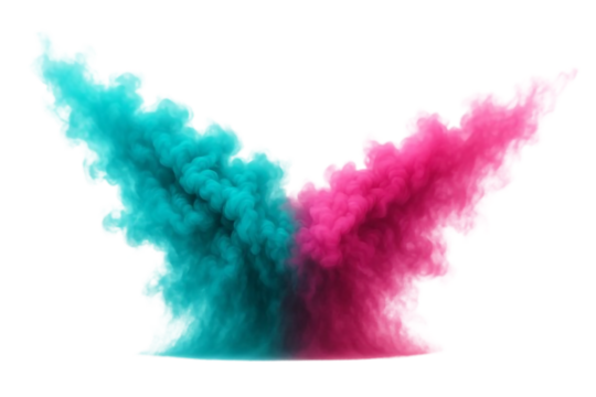Turquoise and pink smoke clouds colliding and swirling against a white background