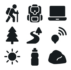 Hiking Essentials Icons. Solid, filled icons set of hiking with laptop: hiker, backpack, laptop, tree, trail,