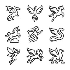 Fantasy Creature Icons. Outline icon set of fantasy creatures in flight: dragon silhouette, phoenix rising, pegasus wing, unicorn