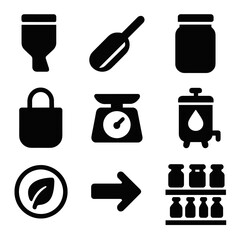 Eco-Friendly Shopping Icons. Solid, filled icons set of bulk and package-free shopping: bulk bin, scoop icon,