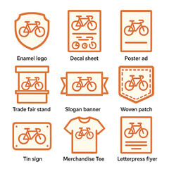 Fototapeta premium Vintage Bicycle Icon Set. Flat icon set of vintage bicycle branding: enamel logo badge, decal sheet, poster ad, trade fair stand,