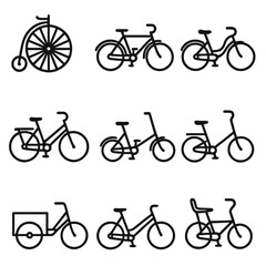 Obraz premium Vintage Bicycle Icons. Outline icon set of vintage bicycle models: penny-farthing, roadster, cruiser, tandem, folder, cargo bike,