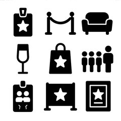 Fototapeta premium VIP Icon Set. Solid, Filled icon set of VIP experience: VIP pass, velvet rope, lounge sofa, champagne flute, gift bag, priority