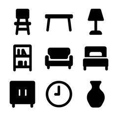 Household Icon Grid. Solid, filled icon set of Solid household objects: chair, table, lamp, bookshelf, sofa, bed, cabinet, clock,