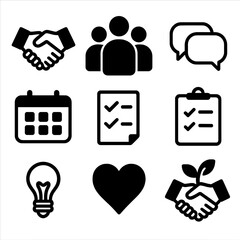 Garden Collaboration Icons. Solid, filled icon set of garden project collaboration: handshake, group of people, speech bubbles,