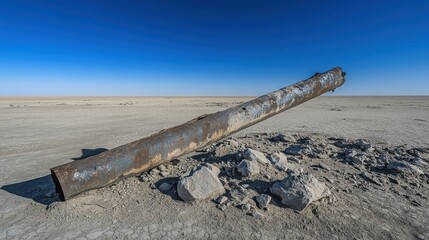 Rusted Metal Pipe in Barren Landscape Under Clear Blue Sky