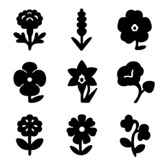 Fototapeta premium Garden Flower Icons. Solid, filled icon set of garden flowers: marigold, lavender, petunia, pansy, daffodil, morning glory, zinnia