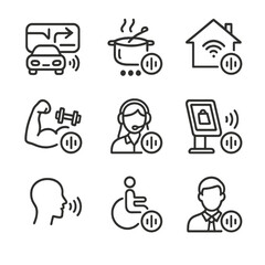 Voice UI Icon Set. Outline icon set of voice UI contexts: in-car navigation, kitchen cooking, home automation, fitness coaching,