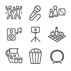Fun Activity Icons. Outline icon set of fun group activities: dancing figures, karaoke microphone, board game pieces, music note