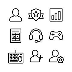 Gamer Icon Set. Outline icon set of player engagement and profiles: gamer avatar silhouette, rank badge, stats chart, win-loss