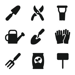 Fototapeta premium Gardening Tools Icons. Solid, filled icon set of gladiolus garden tools: trowel, pruning shears, bulb planter, watering can, soil