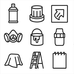 Fototapeta premium Graffiti Tools Icons. Outline icon set of graffiti tools and materials: spray can, marker cap, stencil sheet, respirator mask,