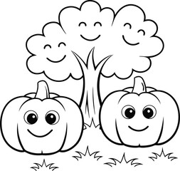 Fototapeta premium cute pumpkin patch with faces add grass and a tre (1).eps