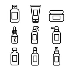 Hair Care Icons. Outline icon set of aftercut hair care products: shampoo bottle with label, conditioner tube, hair mask jar,