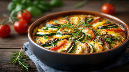 Side view of a ratatouille casserole dish fresh from the oven, bubbling and vibrant, blurred rustic kitchen