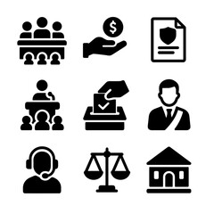 Governance Icon Set. Solid, filled icon set of Provincial governance: council meeting, budget allocation, policy document, public