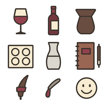 Wine Tasting Essentials. Flat icon set of wine tasting essentials: tasting glass, wine bottle, spittoon, tasting mat, water carafe