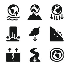Gravity Effects Icons. Solid, filled icon set of Earth gravity effects: ocean tides, mountain pull, atmospheric pressure,