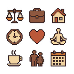 Work-Life Balance Icons. Pixel art icon set of work-life balance: scale, briefcase, house, clock, heart, yoga pose, coffee cup,