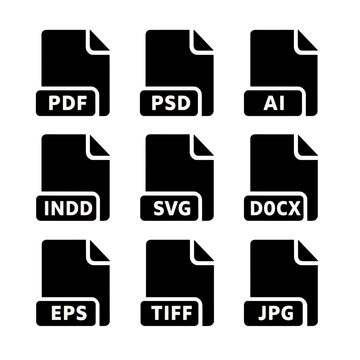 Icon Grid Display. Solid, filled icon set of print file formats: PDF, PSD, AI, INDD, SVG, DOCX, EPS, TIFF, JPG. Solid, filled