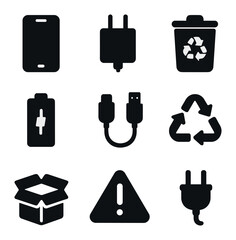 Electronic Recycling Icons. Solid, filled icons set of electronic recycling: phone icon, charger, e-waste bin,