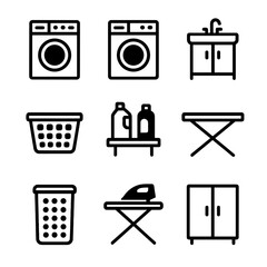 Laundry Room Essentials. Solid, filled icon set of laundry room essentials: washing machine, dryer, laundry sink, laundry basket,