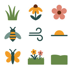 Naklejka premium Wildflower Icon Grid. Solid, filled icons set of wildflower prairie: tall grass, orange bloom, pink petals,