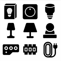 Lighting Accessories Icons. Solid, filled icon set of home lighting accessories: bulb box, dimmer switch, bulb socket, lamp base,