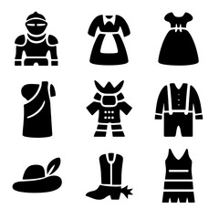 Historical Costume Icons. Solid, filled icon set of historical reenactment costumes: medieval armor, colonial dress, Victorian