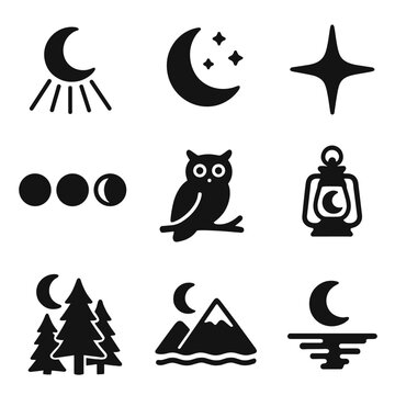 Lunar Night Icons. Solid, filled icon set of lunar illumination scenes: moonbeam rays, night sky, shining star, moon phases, owl,
