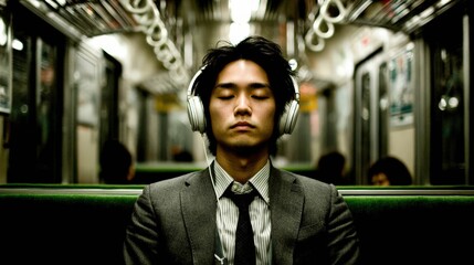 Asian man listens to music on a train commuting in Japan