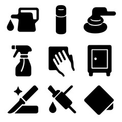 Obraz premium Maintenance Icon Grid. Solid, filled icon set of finishing and maintenance: oiling, waxing, buffing, cleaning, drying, storage,