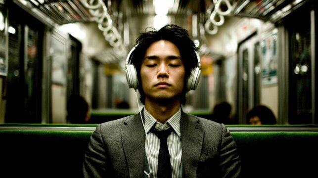 Asian man listens to music on a train commuting in Japan - Powered by Adobe