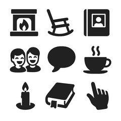 Family Storytelling Icons. Solid, filled icons set of telling family stories at a gathering: fireplace,