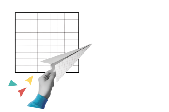 A hand holds checkered paper plane. Modern photo collage style. Illustration on transparent background
