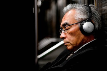 Senior man listens to music with headphones on subway