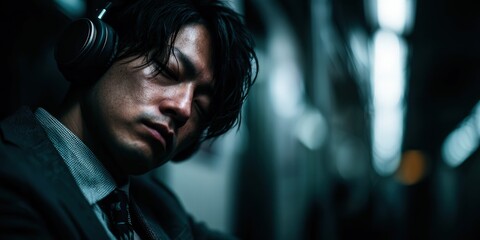 Tired businessman commuting on train falls asleep wearing headphones