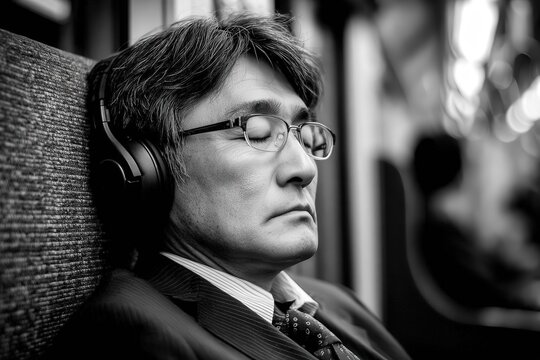 Man in Suit wearing Headphones Resting on Train in Monochrome - Powered by Adobe