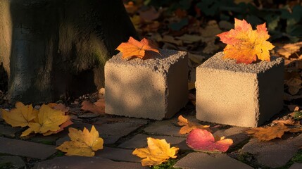 Autumn Leaves on Concrete Blocks Surrounded by Colorful Foliage