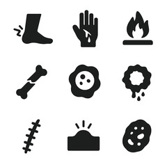 Obraz premium Injury Icon Grid. Solid, filled icon set of common injuries with slow healing: sprained ankle, deep cut, burn, fracture, ulcer,