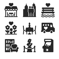 Favorite Date Icons. Solid, filled icons set of favorite date settings: cozy cafe, city rooftop, lakeside