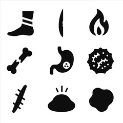 Injury Icon Grid. Solid, filled icon set of common injuries with slow healing: sprained ankle, deep cut, burn, fracture, ulcer,