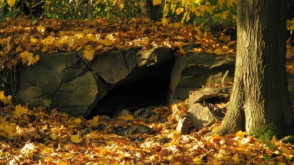 Autumn Scene with Colorful Leaves and Rock Formation in Nature
