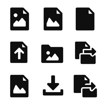 Photography Icons Grid. Solid, filled icon set of photography file formats: RAW file icon, JPG icon, PNG icon, TIFF icon, DNG icon
