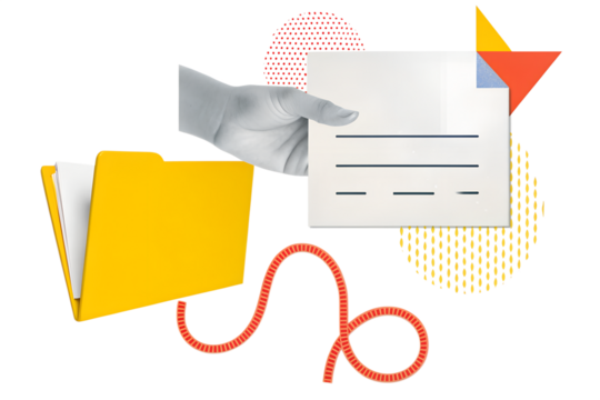 Hand puts a document into a yellow folder. Modern collage style. Illustration on transparent background