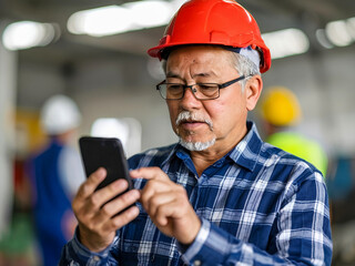 Construction worker in safety gear speaking on the phone at a job site, coordinating tasks amidst an active work zone